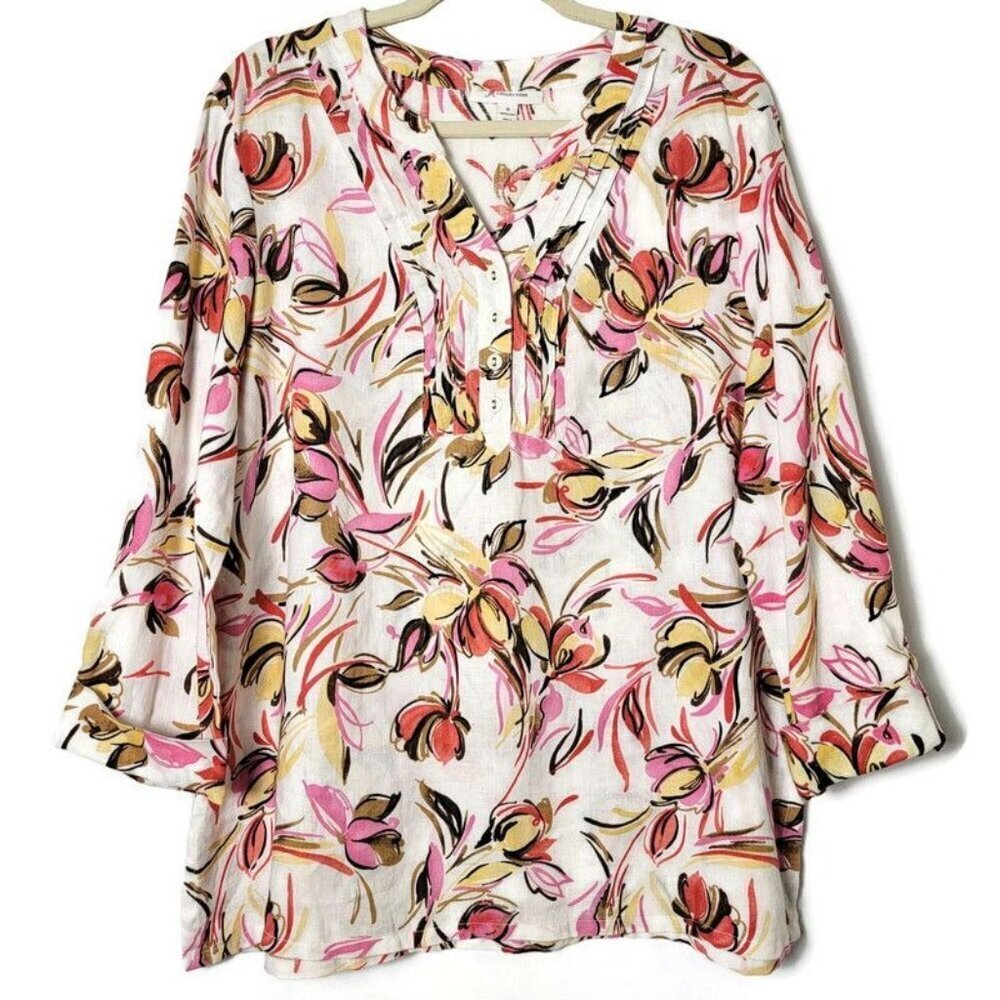 JM Collection Floral Linen Beachy Pintuck Popover Roll Tab Sleeve Tunic Top 16